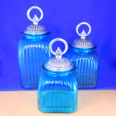 60004OCBLU-RING-SIL LARGE SQUARE OCEAN BLUE CANISTER SET W/ SILVER RING LIDS